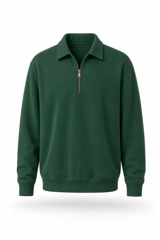 Poylx İki İplik Erkek Polo Yaka Metal Fermuarlı Sweatshirt - Yarım Fermuarlı Rahat Kalıp Düz Renk Sweat
