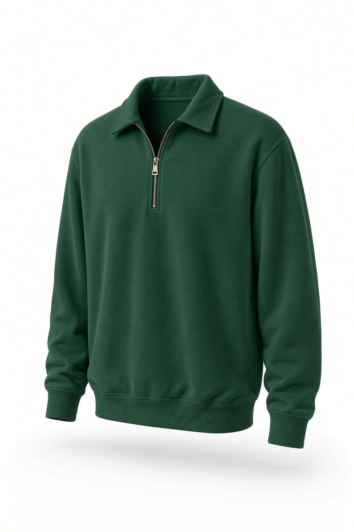 Poylx İki İplik Erkek Polo Yaka Metal Fermuarlı Sweatshirt - Yarım Fermuarlı Rahat Kalıp Düz Renk Sweat