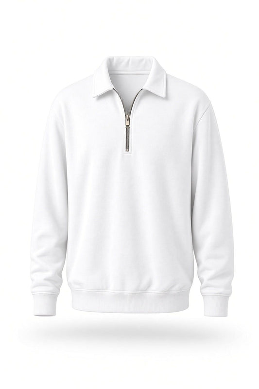 Poylx İki İplik Erkek Polo Yaka Metal Fermuarlı Sweatshirt - Yarım Fermuarlı Rahat Kalıp Düz Renk Sweat