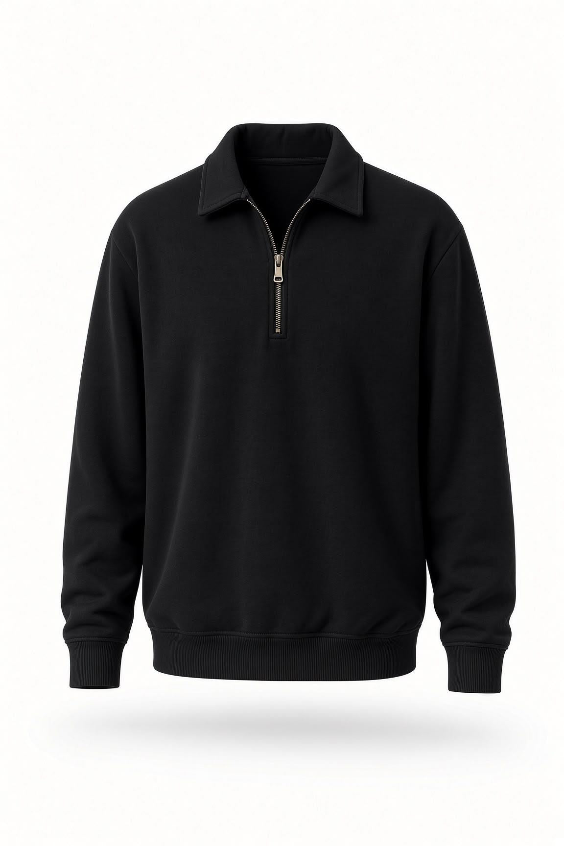 Poylx İki İplik Erkek Polo Yaka Metal Fermuarlı Sweatshirt - Yarım Fermuarlı Rahat Kalıp Düz Renk Sweat