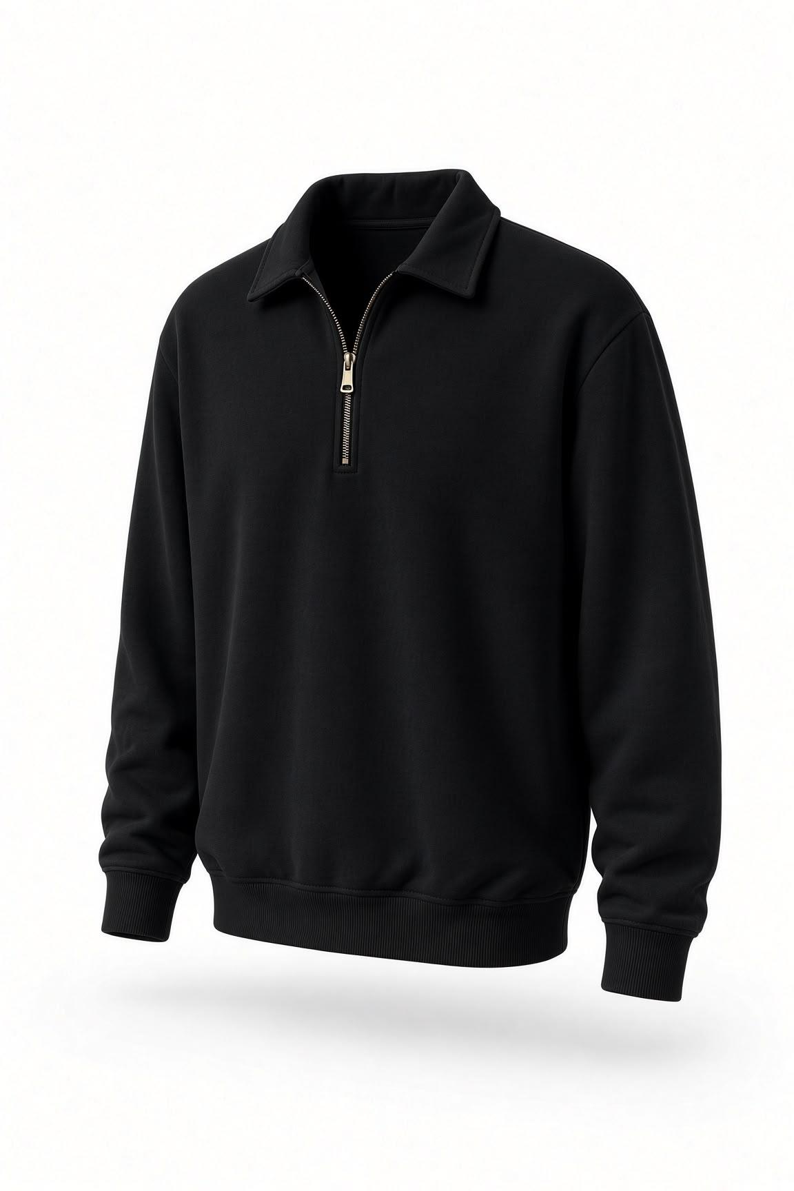 Poylx İki İplik Erkek Polo Yaka Metal Fermuarlı Sweatshirt - Yarım Fermuarlı Rahat Kalıp Düz Renk Sweat