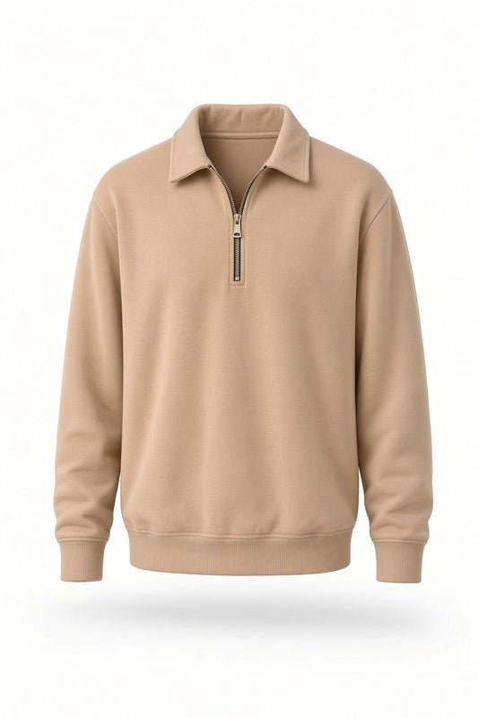 Poylx İki İplik Erkek Polo Yaka Metal Fermuarlı Sweatshirt - Yarım Fermuarlı Rahat Kalıp Düz Renk Sweat