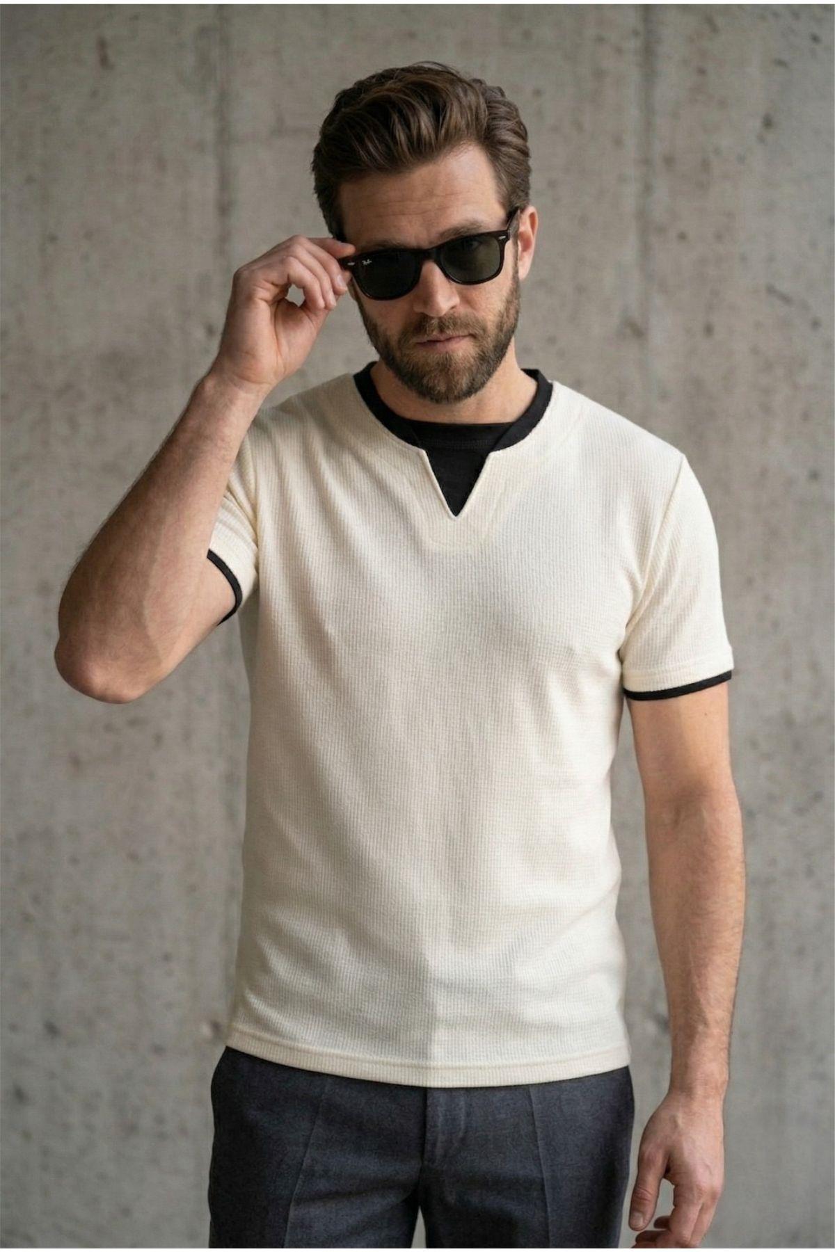 Prey Vaffle Dokulu Çift Yaka Görünümlü Slim Fit Erkek Tişört