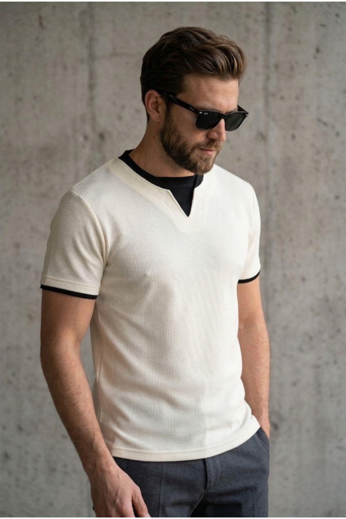 Prey Vaffle Dokulu Çift Yaka Görünümlü Slim Fit Erkek Tişört