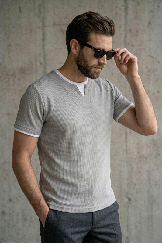 Prey Vaffle Dokulu Çift Yaka Görünümlü Slim Fit Erkek Tişört