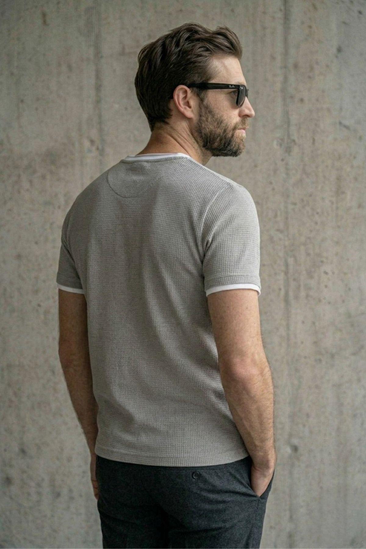 Prey Vaffle Dokulu Çift Yaka Görünümlü Slim Fit Erkek Tişört
