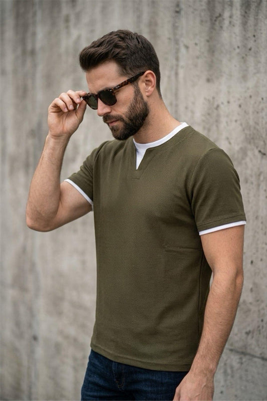 Prey Vaffle Dokulu Çift Yaka Görünümlü Slim Fit Erkek Tişört