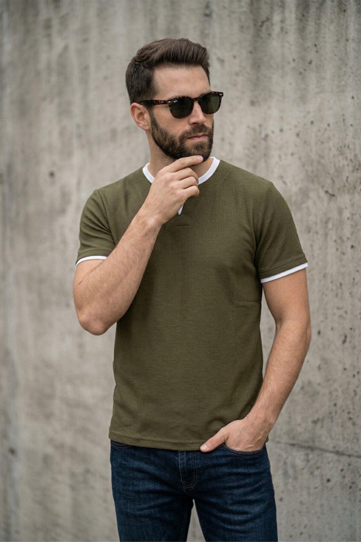 Prey Vaffle Dokulu Çift Yaka Görünümlü Slim Fit Erkek Tişört