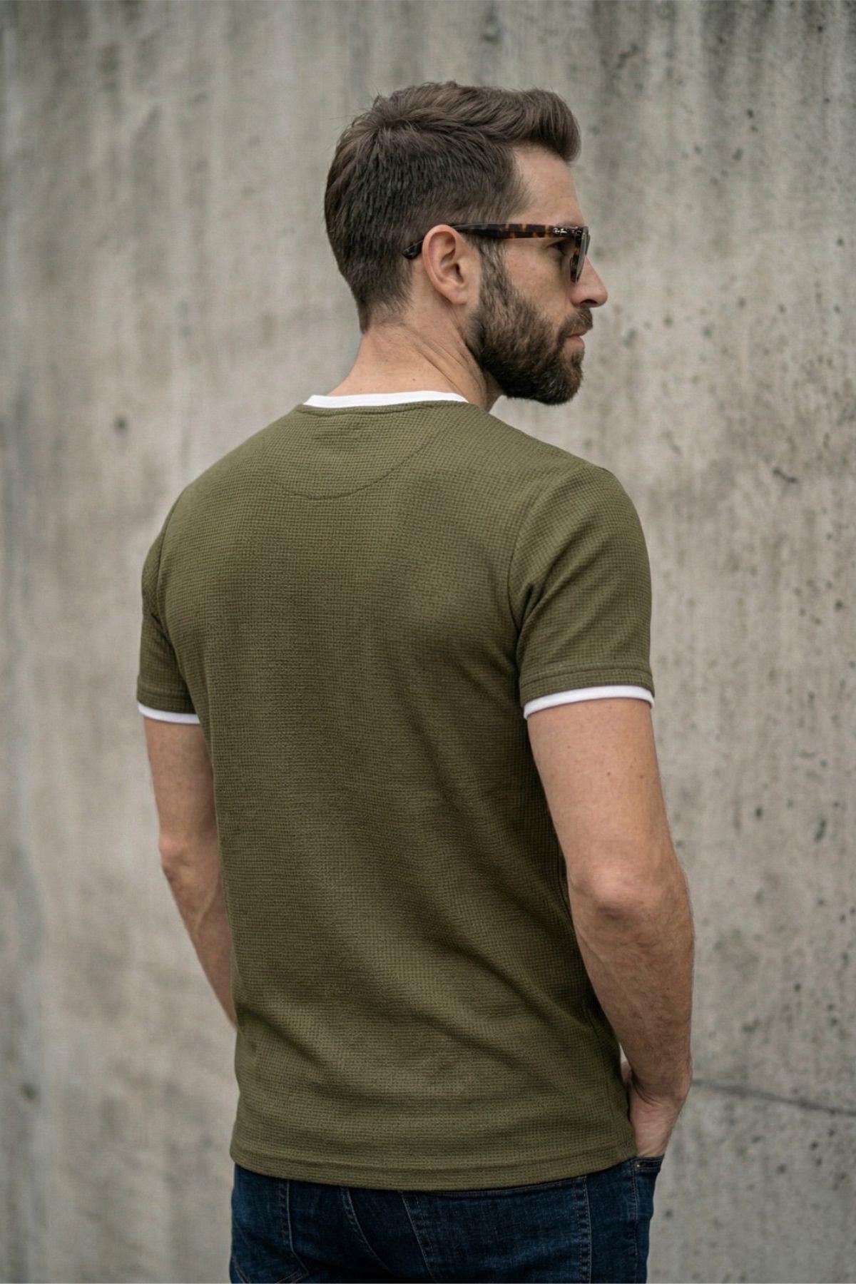 Prey Vaffle Dokulu Çift Yaka Görünümlü Slim Fit Erkek Tişört