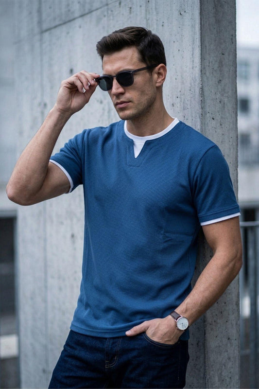 Prey Vaffle Dokulu Çift Yaka Görünümlü Slim Fit Erkek Tişört