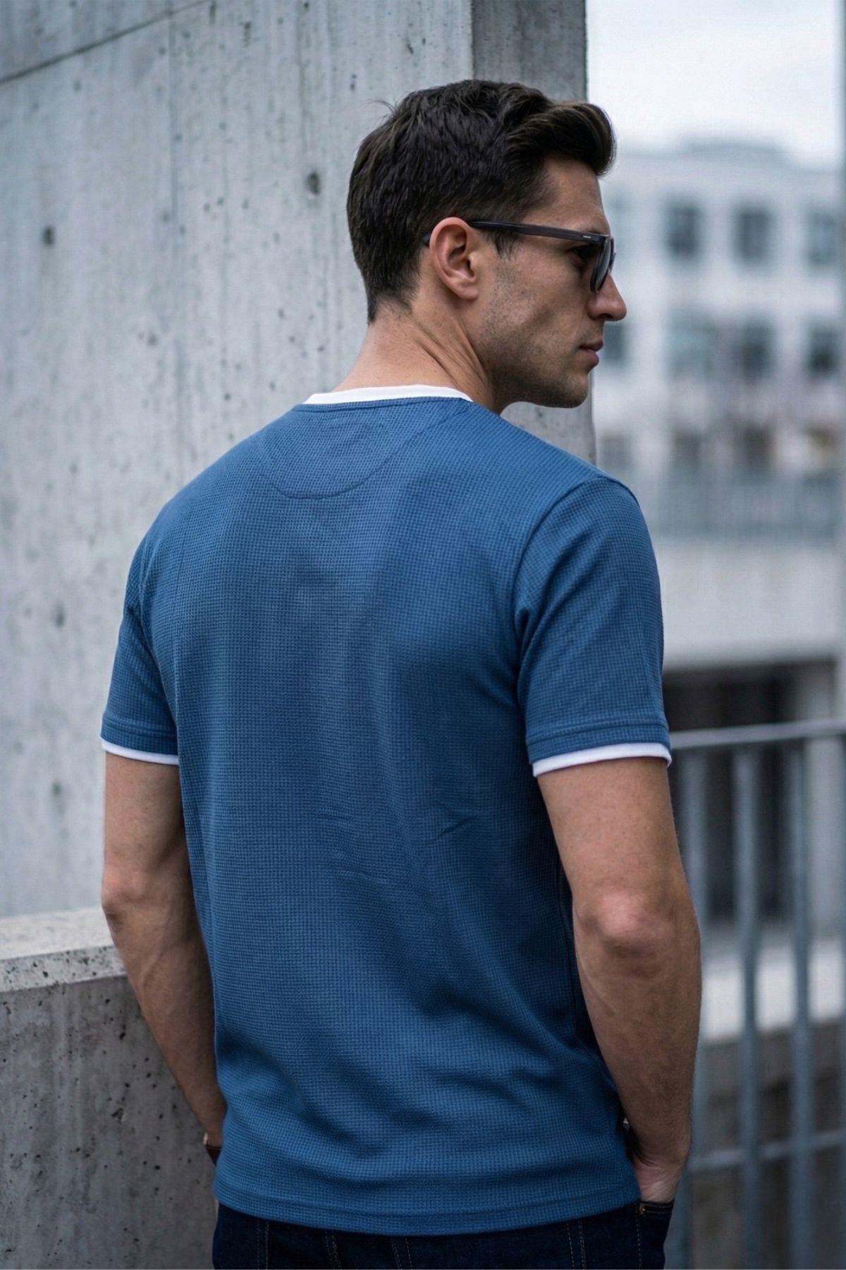 Prey Vaffle Dokulu Çift Yaka Görünümlü Slim Fit Erkek Tişört