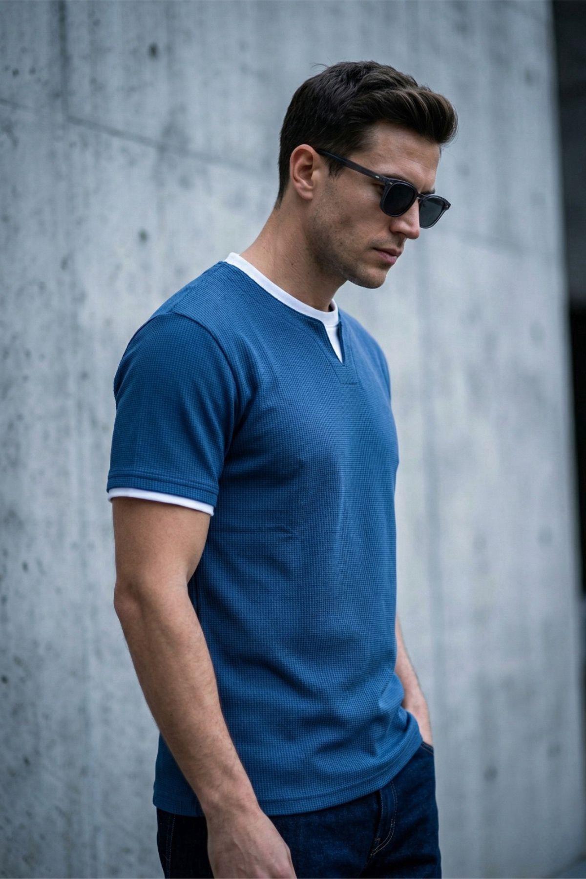Prey Vaffle Dokulu Çift Yaka Görünümlü Slim Fit Erkek Tişört