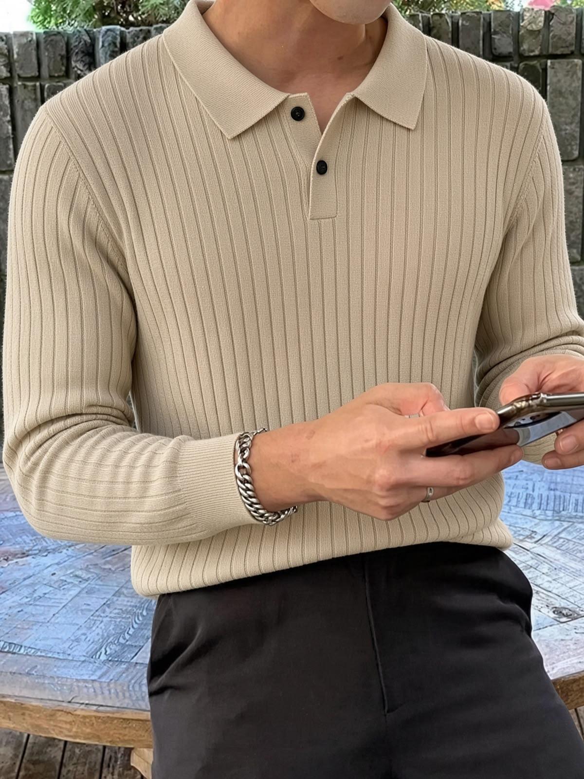 Rawi Erkek Slim Fit Fitilli Triko Polo Yaka Kazak - Uzun Kollu Düğmeli Polo Yaka Örgü Triko Kazak