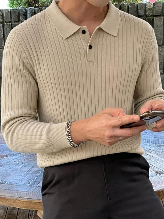 Rawi Erkek Slim Fit Fitilli Triko Polo Yaka Kazak - Uzun Kollu Düğmeli Polo Yaka Örgü Triko Kazak