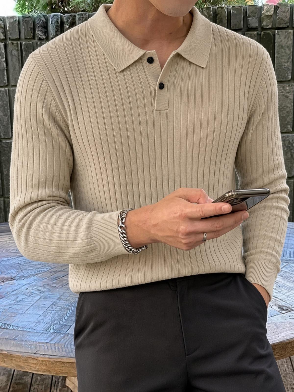 Rawi Erkek Slim Fit Fitilli Triko Polo Yaka Kazak - Uzun Kollu Düğmeli Polo Yaka Örgü Triko Kazak