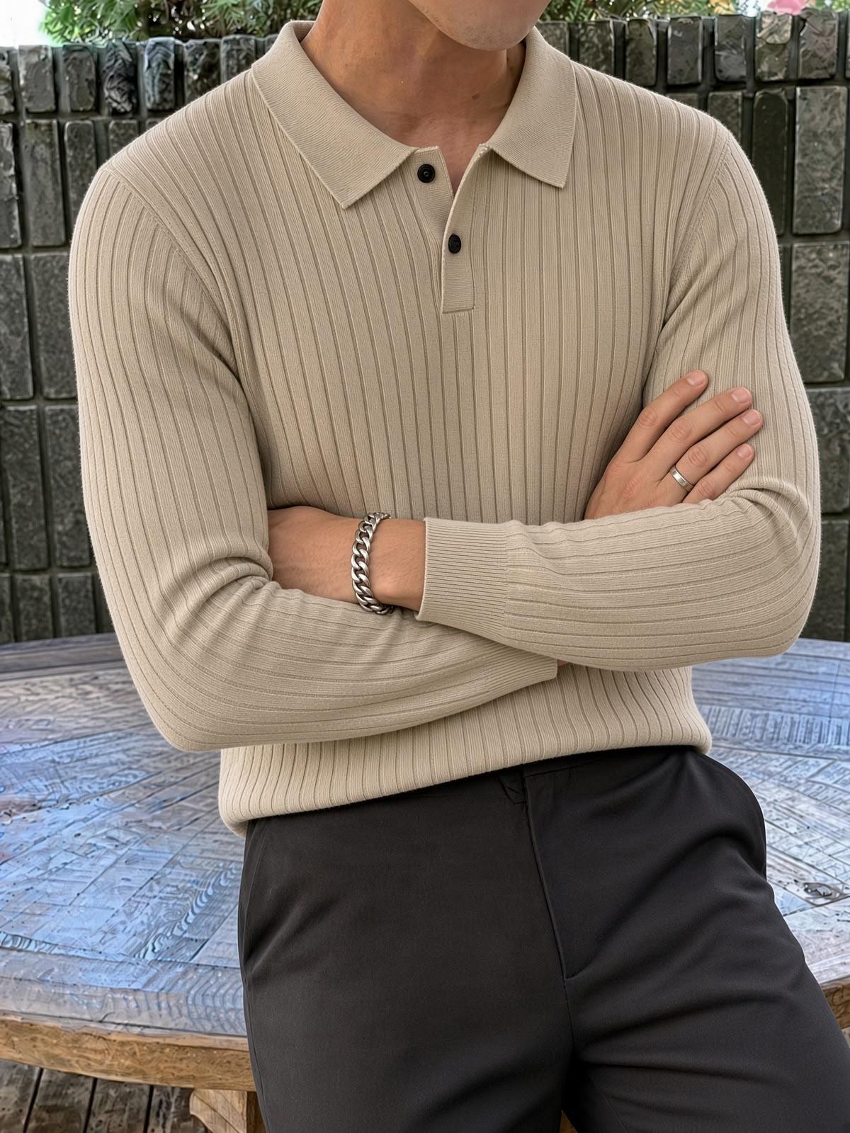 Rawi Erkek Slim Fit Fitilli Triko Polo Yaka Kazak - Uzun Kollu Düğmeli Polo Yaka Örgü Triko Kazak