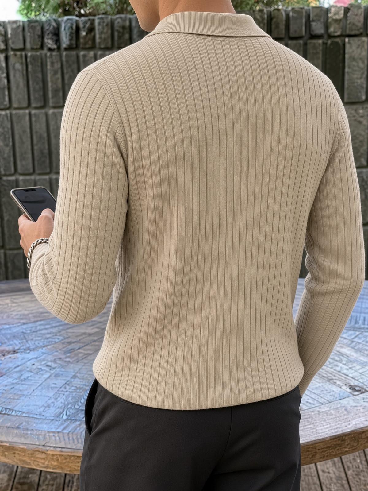 Rawi Erkek Slim Fit Fitilli Triko Polo Yaka Kazak - Uzun Kollu Düğmeli Polo Yaka Örgü Triko Kazak