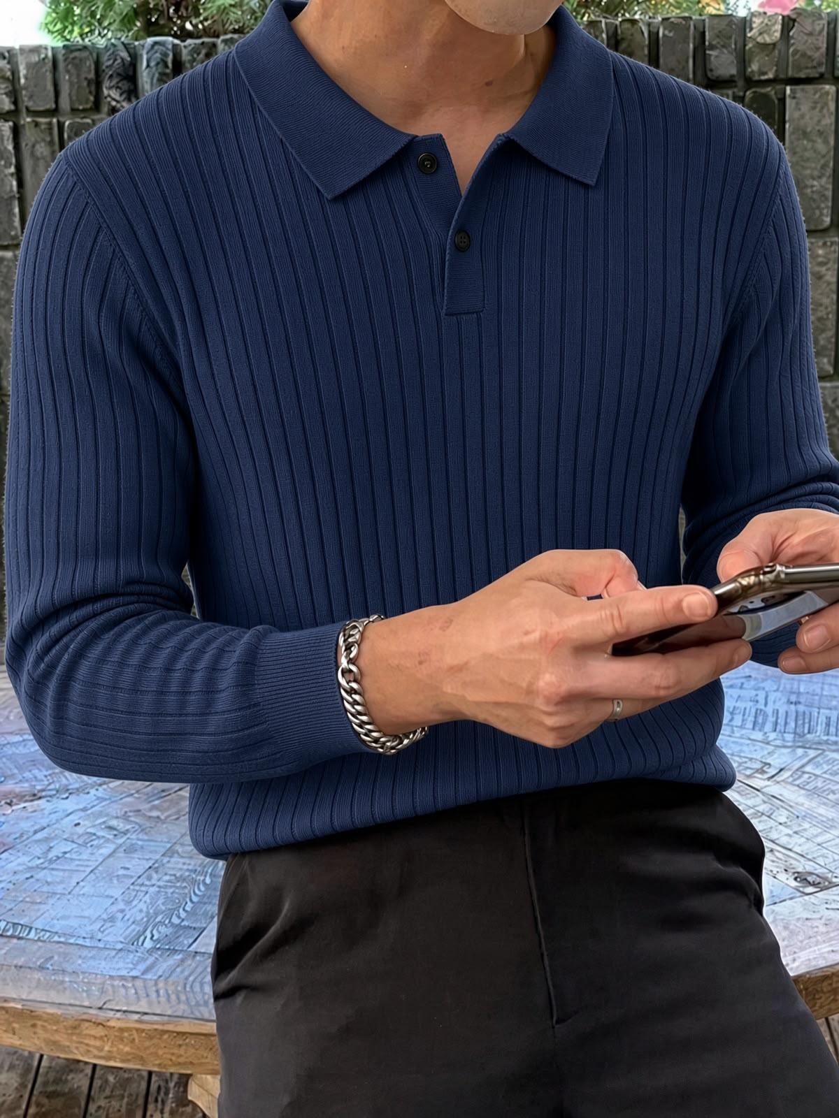 Rawi Erkek Slim Fit Fitilli Triko Polo Yaka Kazak - Uzun Kollu Düğmeli Polo Yaka Örgü Triko Kazak