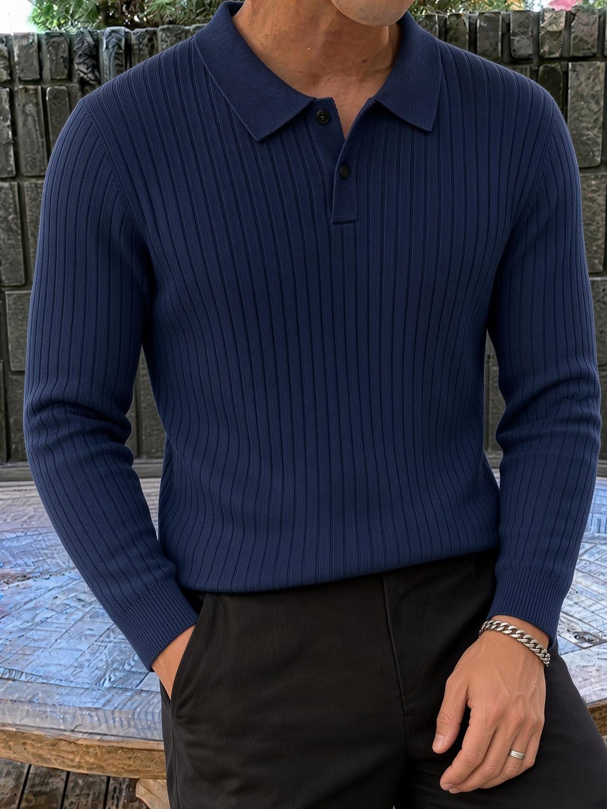 Rawi Erkek Slim Fit Fitilli Triko Polo Yaka Kazak - Uzun Kollu Düğmeli Polo Yaka Örgü Triko Kazak