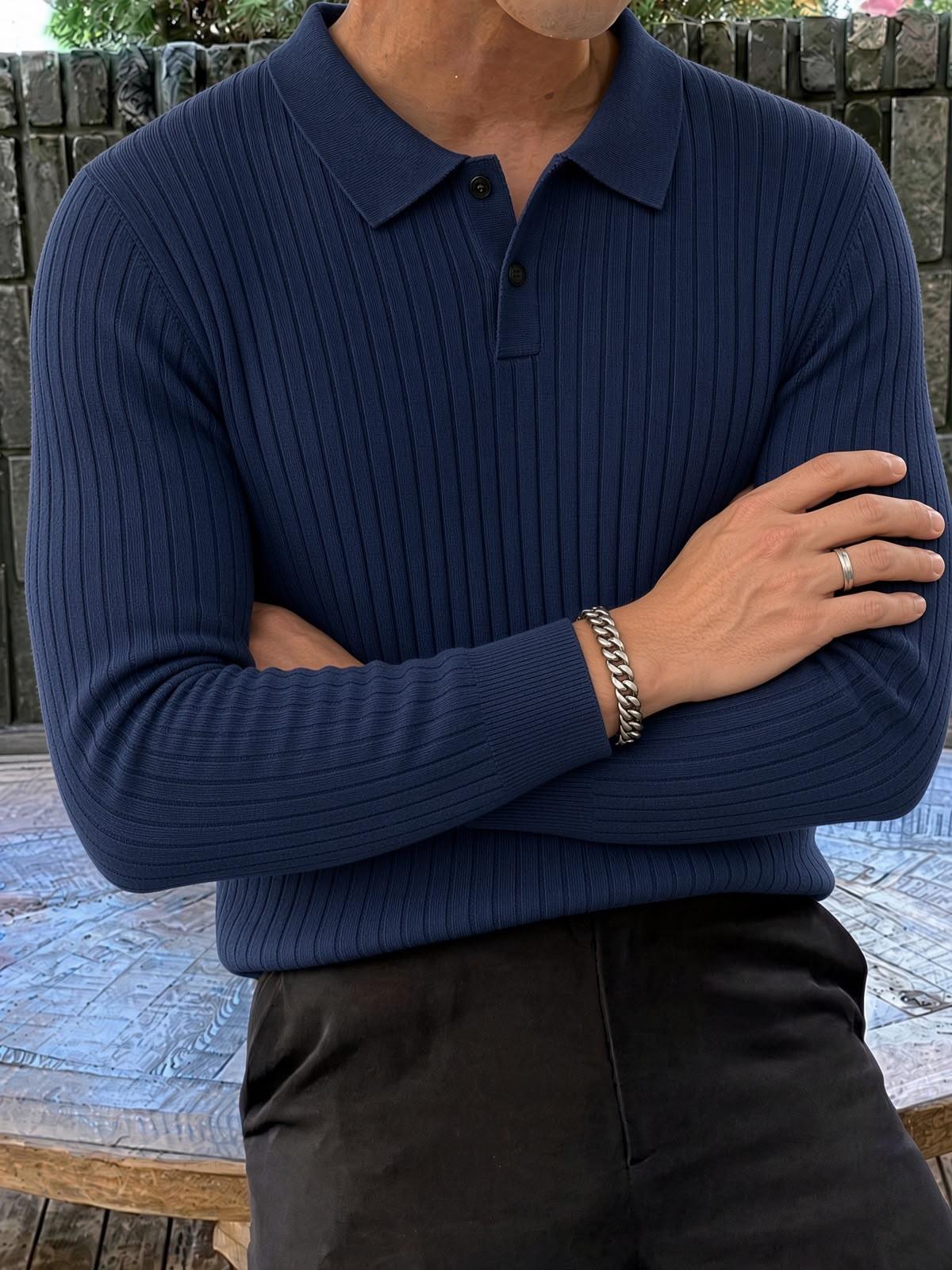 Rawi Erkek Slim Fit Fitilli Triko Polo Yaka Kazak - Uzun Kollu Düğmeli Polo Yaka Örgü Triko Kazak