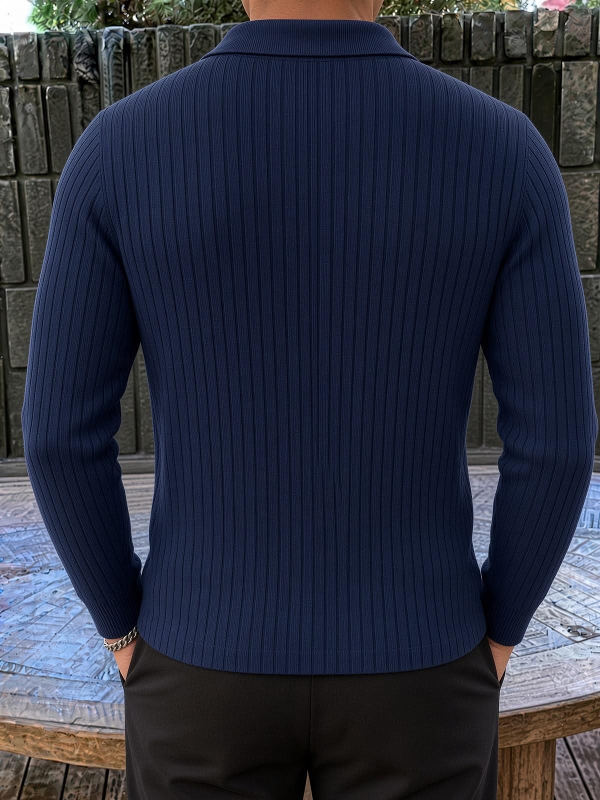 Rawi Erkek Slim Fit Fitilli Triko Polo Yaka Kazak - Uzun Kollu Düğmeli Polo Yaka Örgü Triko Kazak