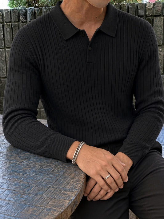 Rawi Erkek Slim Fit Fitilli Triko Polo Yaka Kazak - Uzun Kollu Düğmeli Polo Yaka Örgü Triko Kazak
