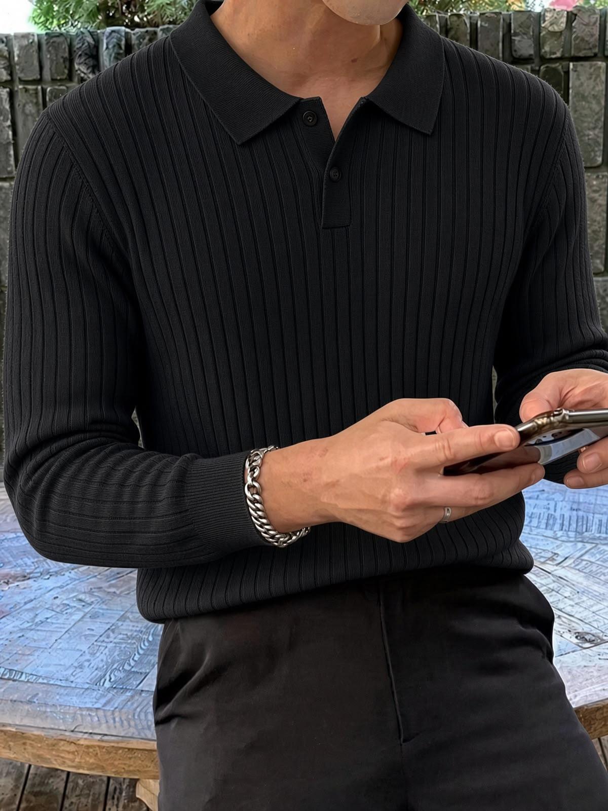 Rawi Erkek Slim Fit Fitilli Triko Polo Yaka Kazak - Uzun Kollu Düğmeli Polo Yaka Örgü Triko Kazak