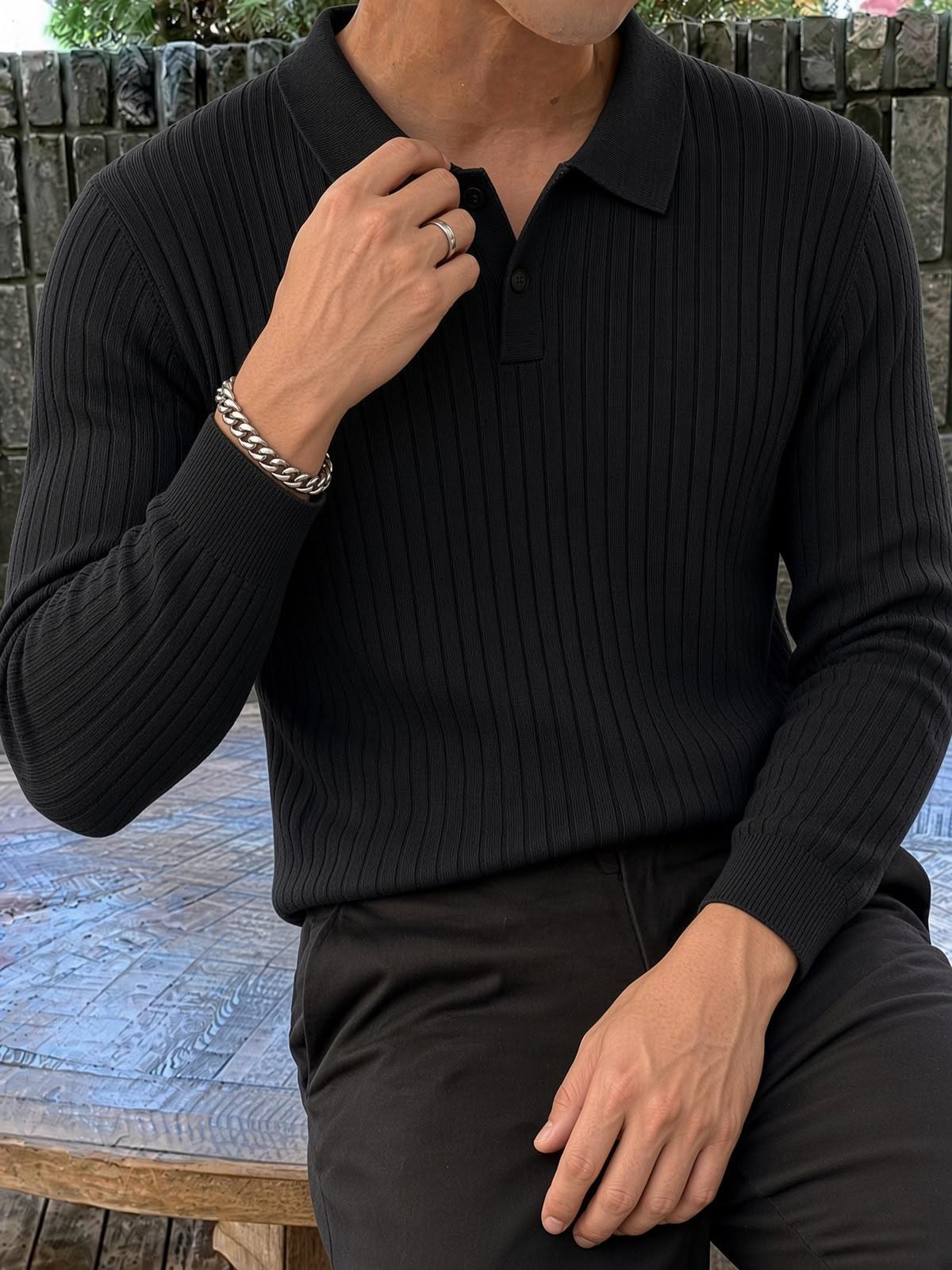 Rawi Erkek Slim Fit Fitilli Triko Polo Yaka Kazak - Uzun Kollu Düğmeli Polo Yaka Örgü Triko Kazak
