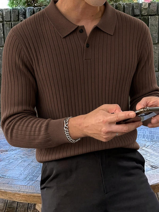 Rawi Erkek Slim Fit Fitilli Triko Polo Yaka Kazak - Uzun Kollu Düğmeli Polo Yaka Örgü Triko Kazak