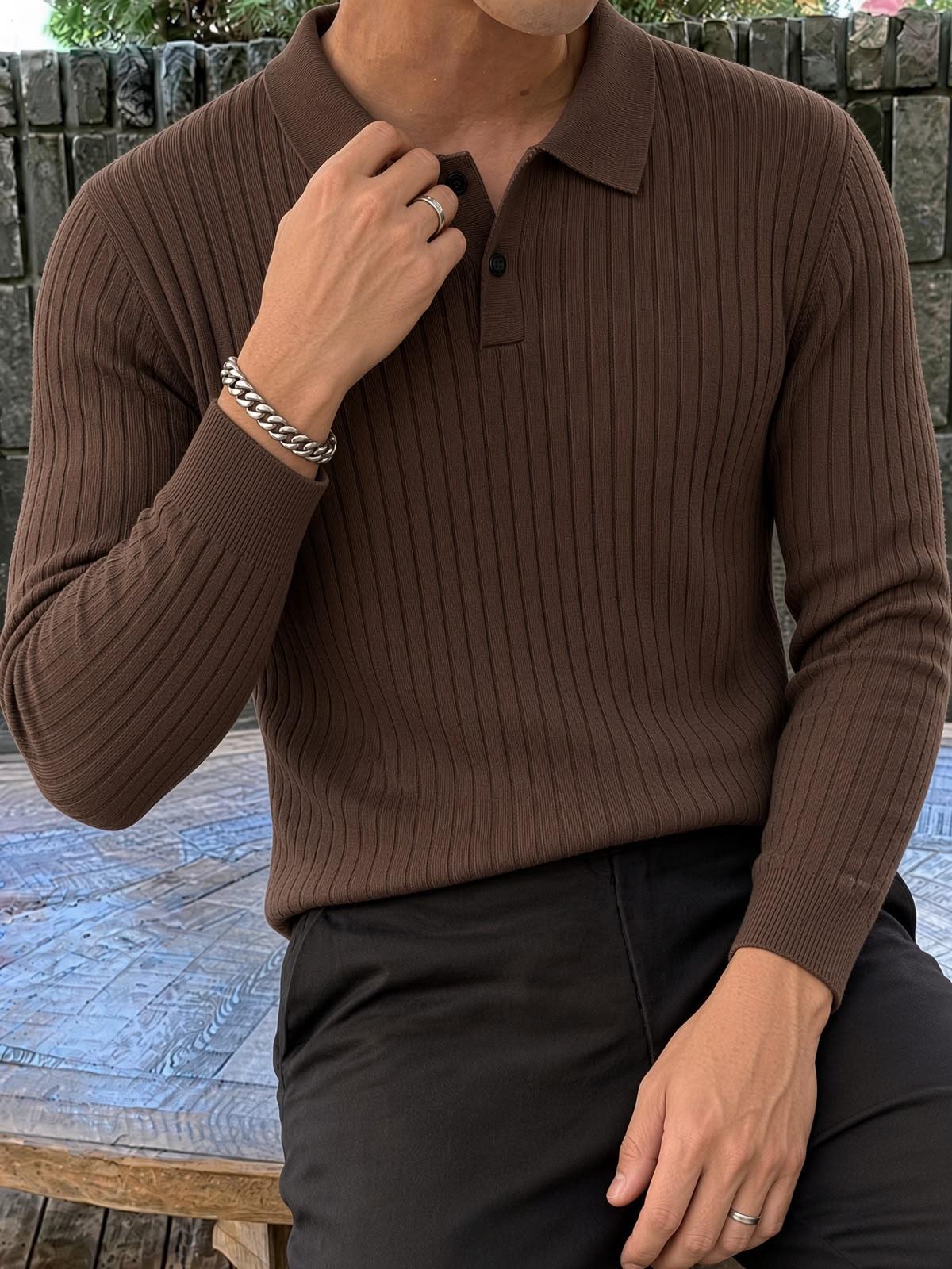 Rawi Erkek Slim Fit Fitilli Triko Polo Yaka Kazak - Uzun Kollu Düğmeli Polo Yaka Örgü Triko Kazak