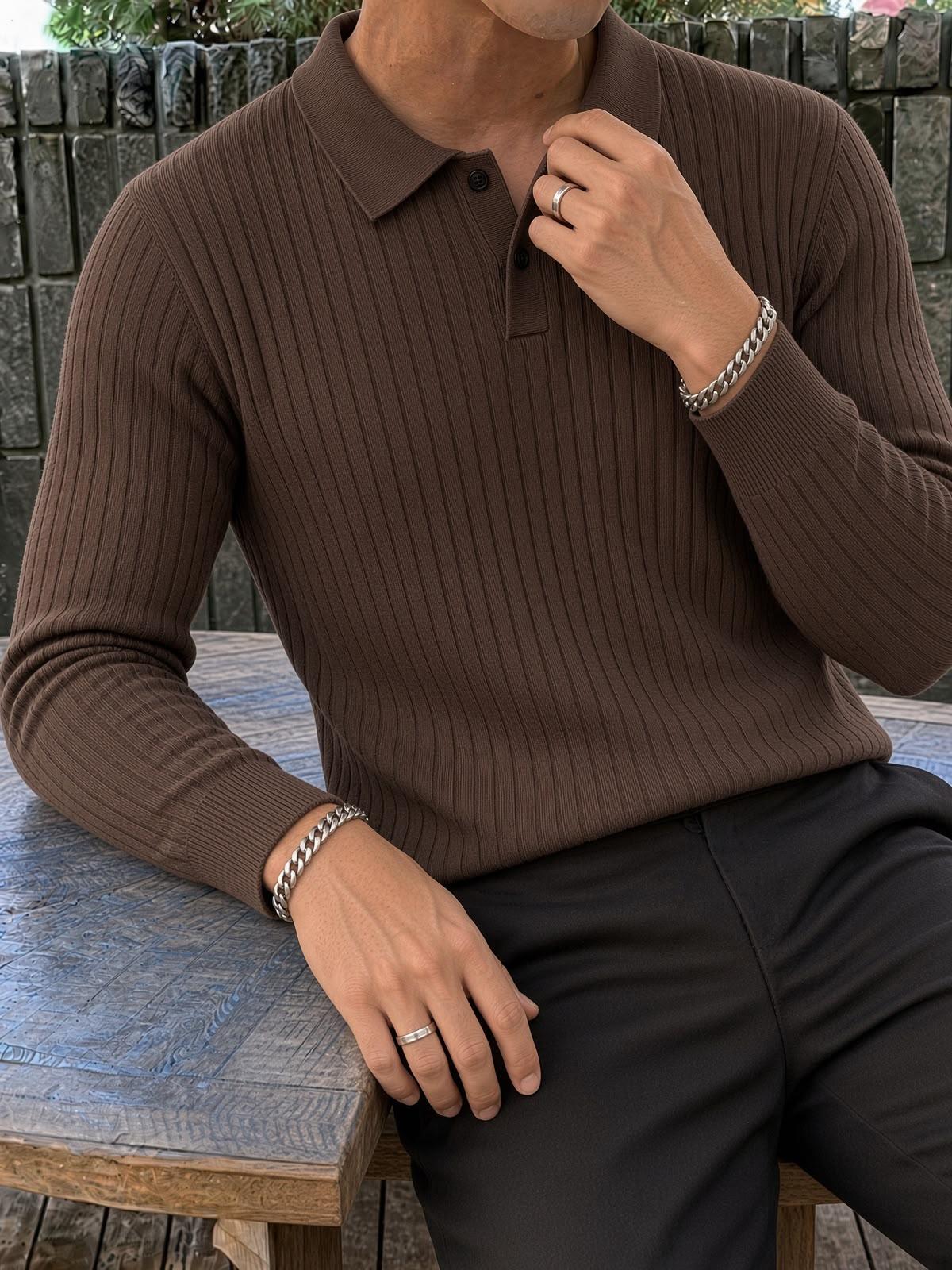 Rawi Erkek Slim Fit Fitilli Triko Polo Yaka Kazak - Uzun Kollu Düğmeli Polo Yaka Örgü Triko Kazak