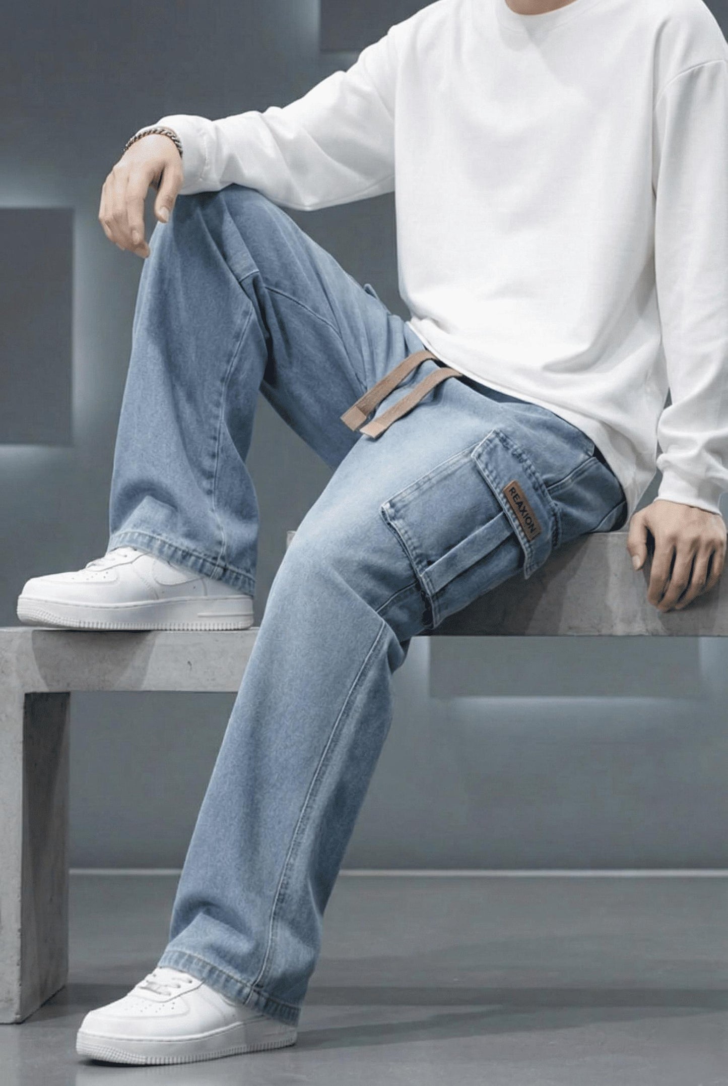 Reax Luiz Beli Lastikli ve İpli Komando Baggy Fit Kot Kargo Pantolon
