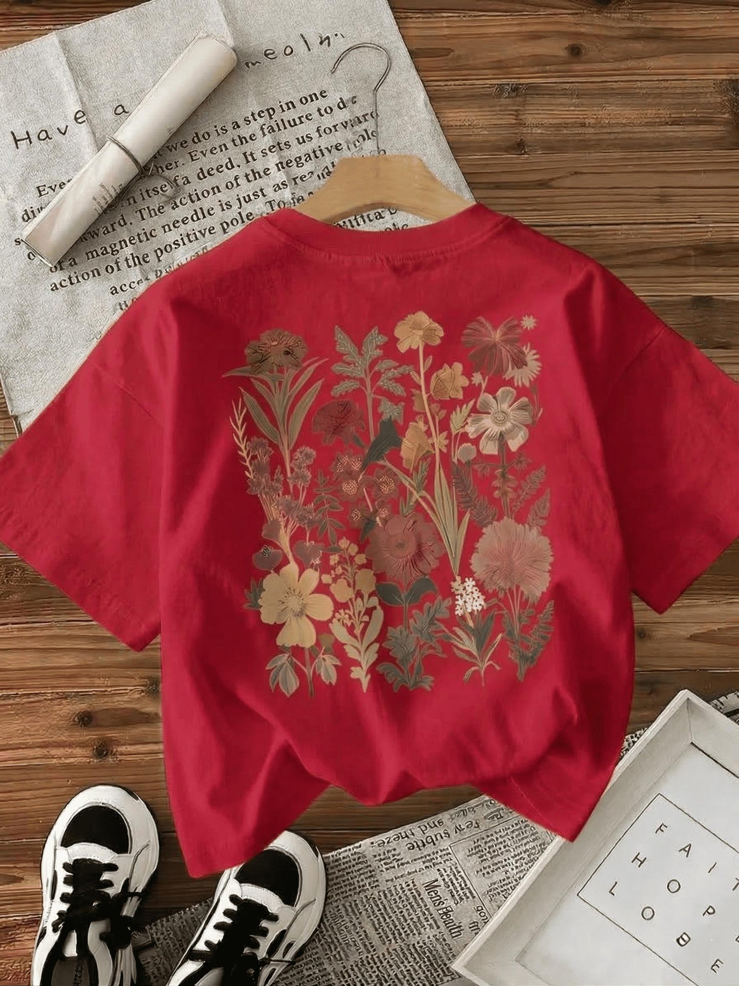 Retro Botanik Sırt Baskılı Çiçek Desenli Premium Kadın Oversize T-Shirt