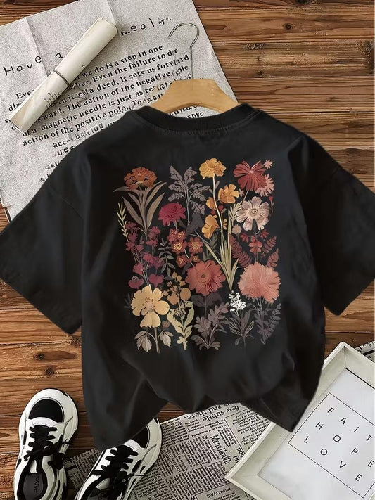 Retro Botanik Sırt Baskılı Çiçek Desenli Premium Kadın Oversize T-Shirt