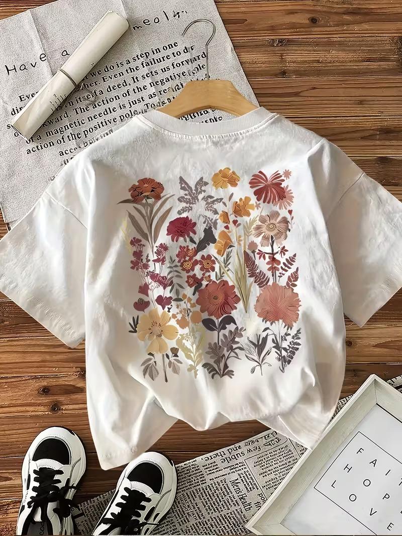 Retro Botanik Sırt Baskılı Çiçek Desenli Premium Kadın Oversize T-Shirt