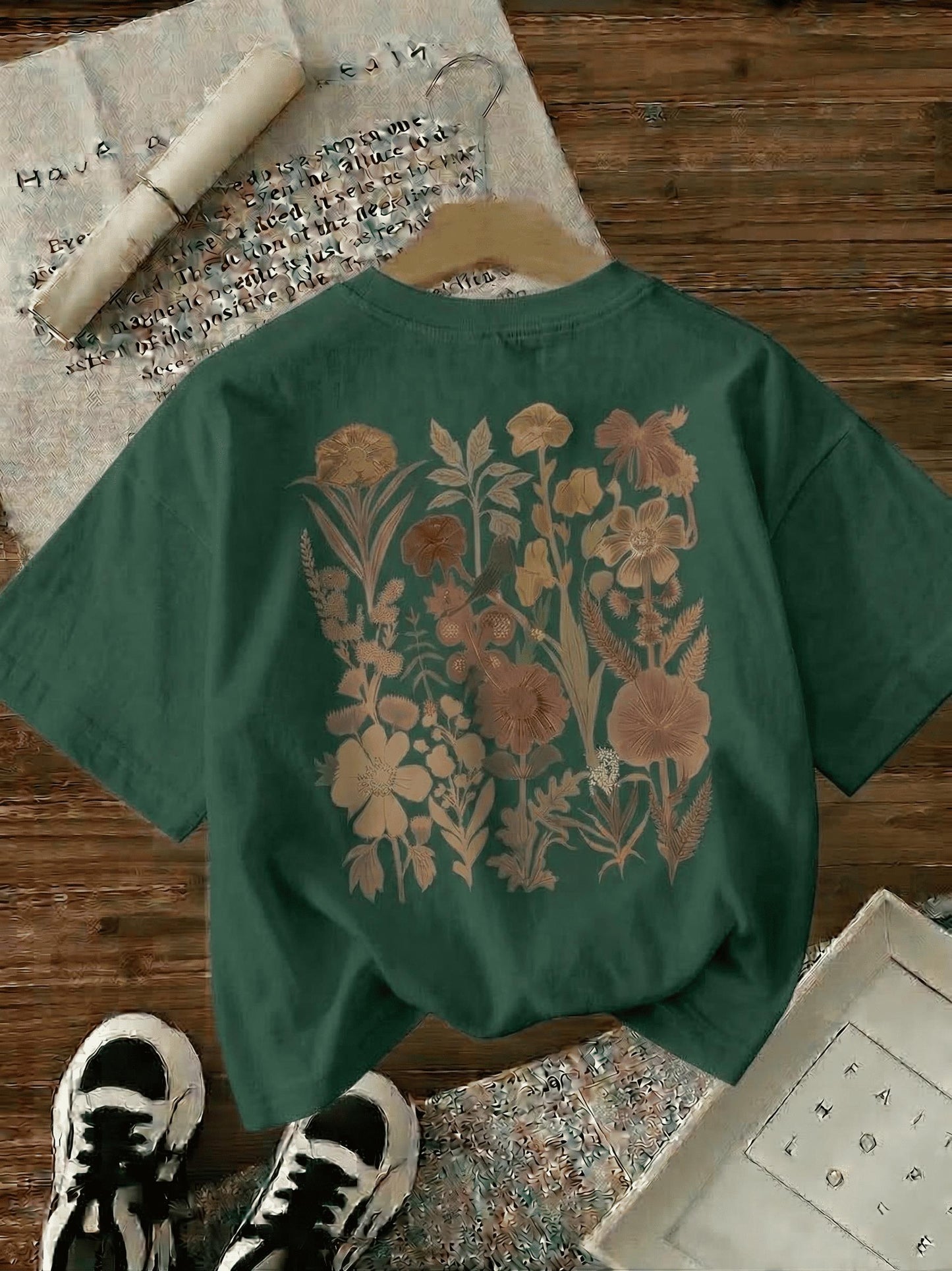 Retro Botanik Sırt Baskılı Çiçek Desenli Premium Kadın Oversize T-Shirt