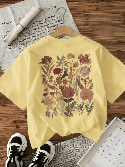 Retro Botanik Sırt Baskılı Çiçek Desenli Premium Kadın Oversize T-Shirt