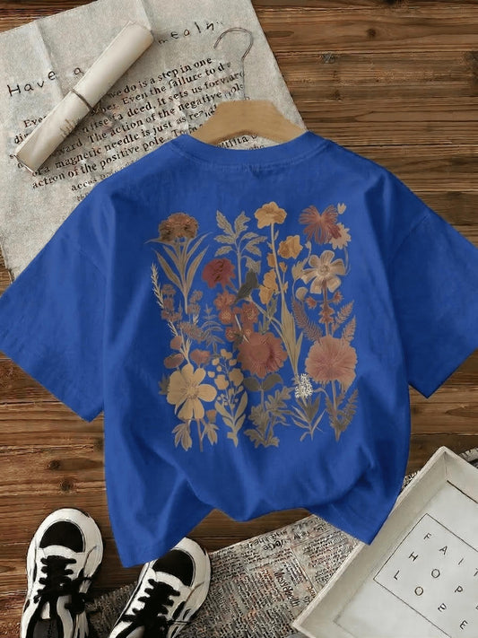 Retro Botanik Sırt Baskılı Çiçek Desenli Premium Kadın Oversize T-Shirt