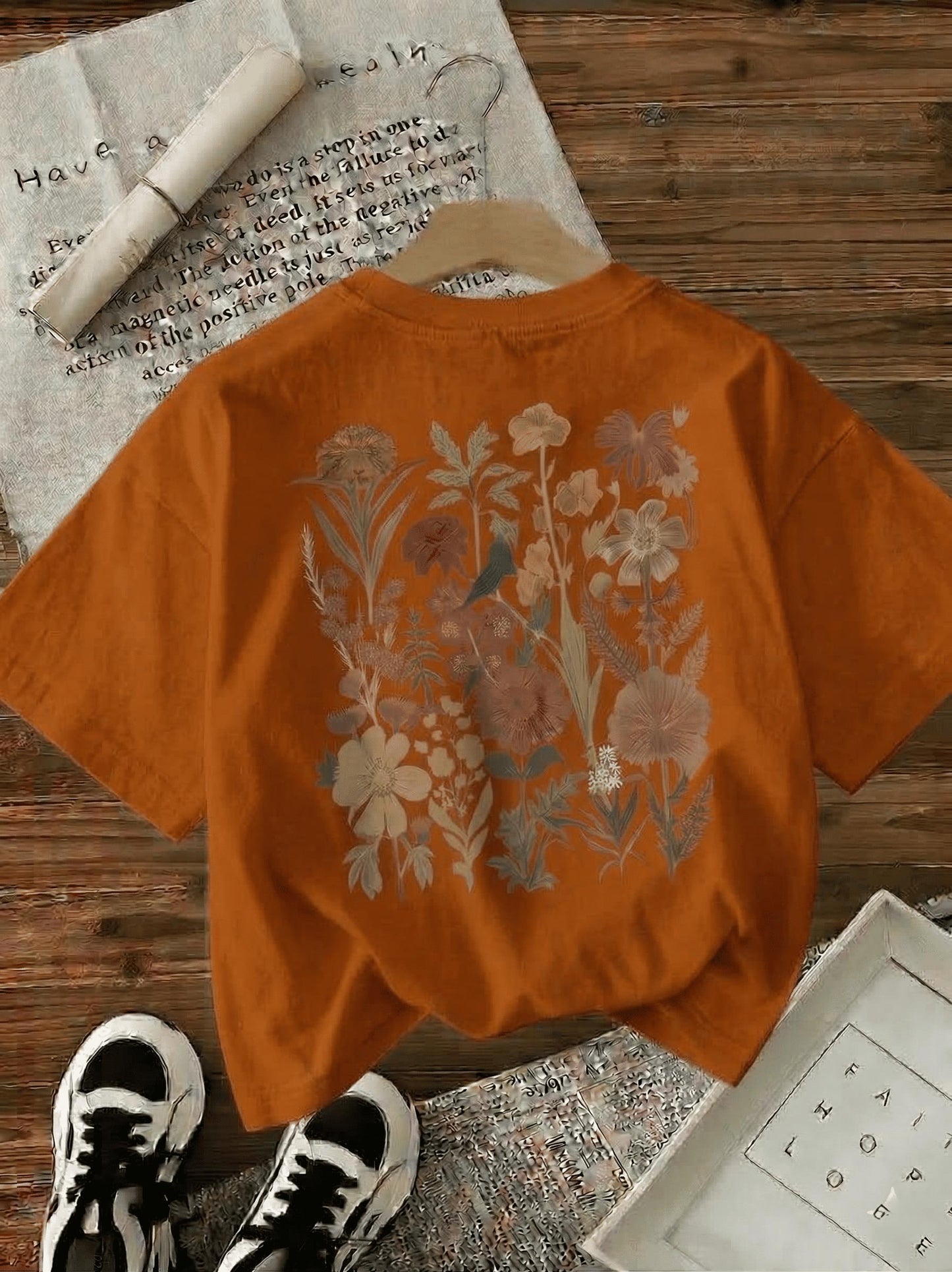Retro Botanik Sırt Baskılı Çiçek Desenli Premium Kadın Oversize T-Shirt