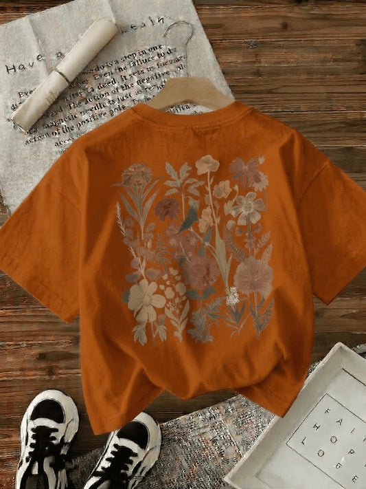 Retro Botanik Sırt Baskılı Çiçek Desenli Premium Kadın Oversize T-Shirt