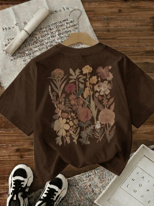 Retro Botanik Sırt Baskılı Çiçek Desenli Premium Kadın Oversize T-Shirt