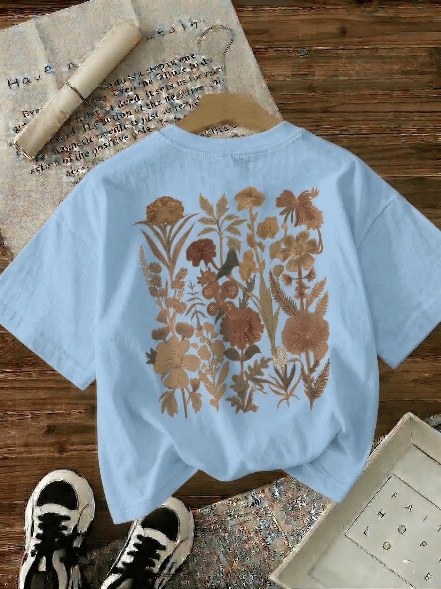 Retro Botanik Sırt Baskılı Çiçek Desenli Premium Kadın Oversize T-Shirt