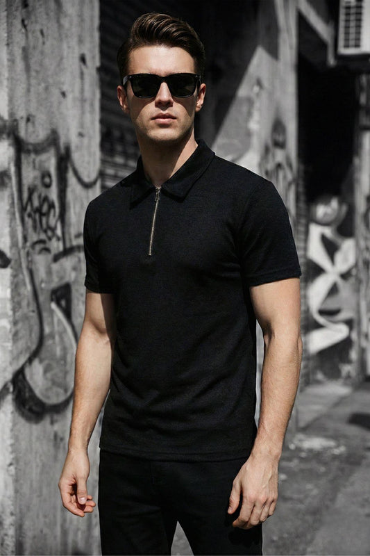 Robb Erkek Yarım Fermuarlı Dokulu Polo Yaka Kısa Kollu Slim Fit Tişört