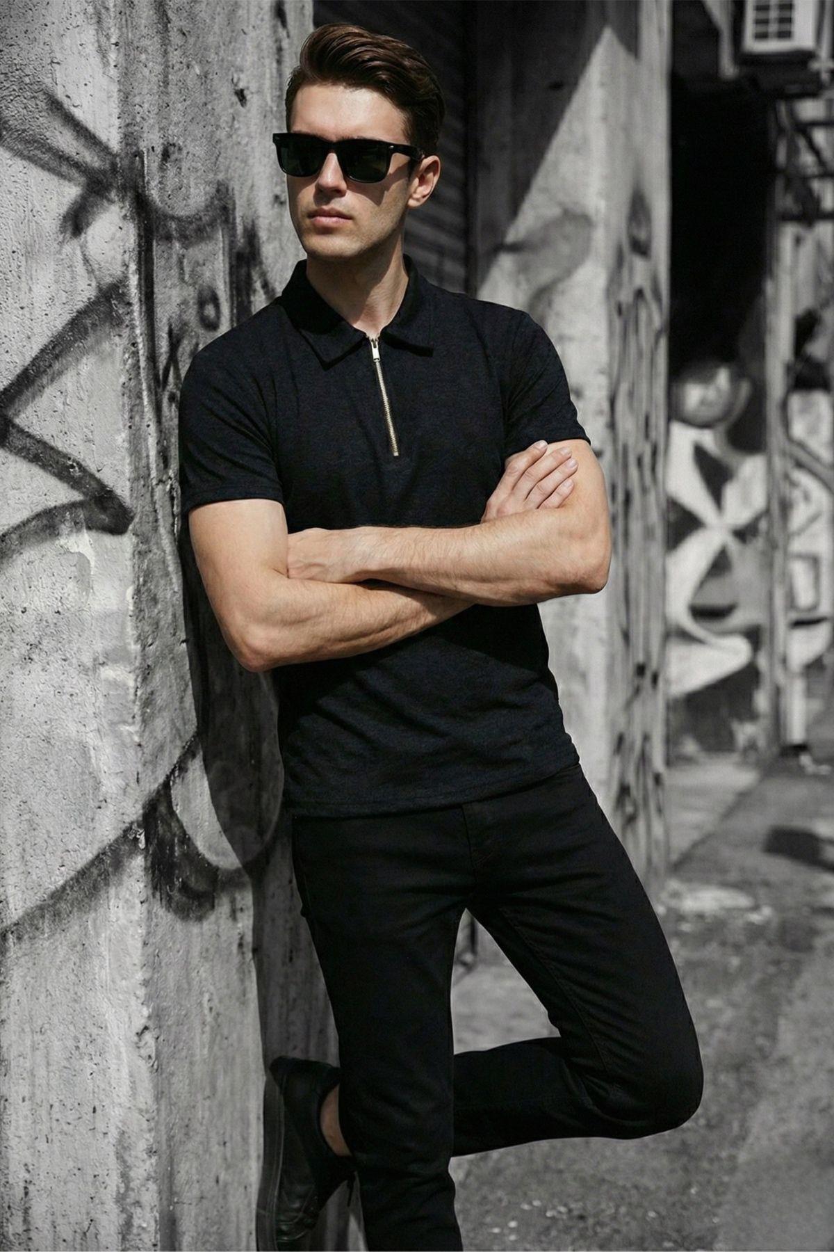 Robb Erkek Yarım Fermuarlı Dokulu Polo Yaka Kısa Kollu Slim Fit Tişört