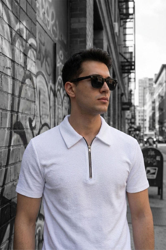 Robb Erkek Yarım Fermuarlı Dokulu Polo Yaka Kısa Kollu Slim Fit Tişört