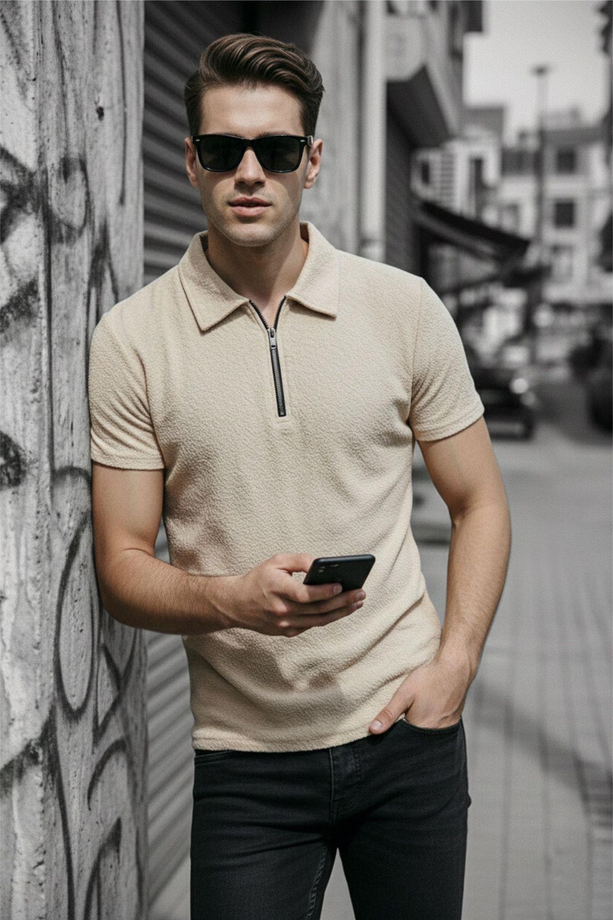 Robb Erkek Yarım Fermuarlı Dokulu Polo Yaka Kısa Kollu Slim Fit Tişört