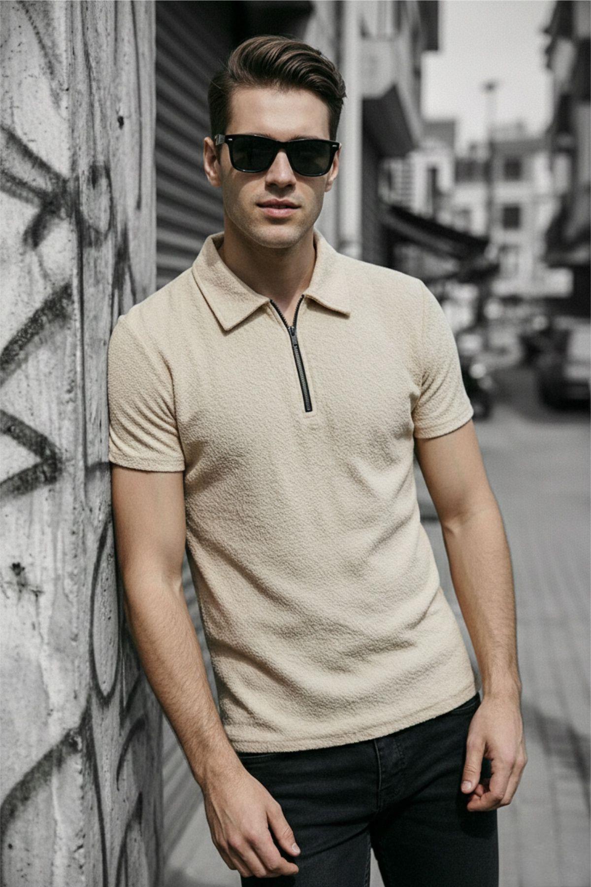 Robb Erkek Yarım Fermuarlı Dokulu Polo Yaka Kısa Kollu Slim Fit Tişört