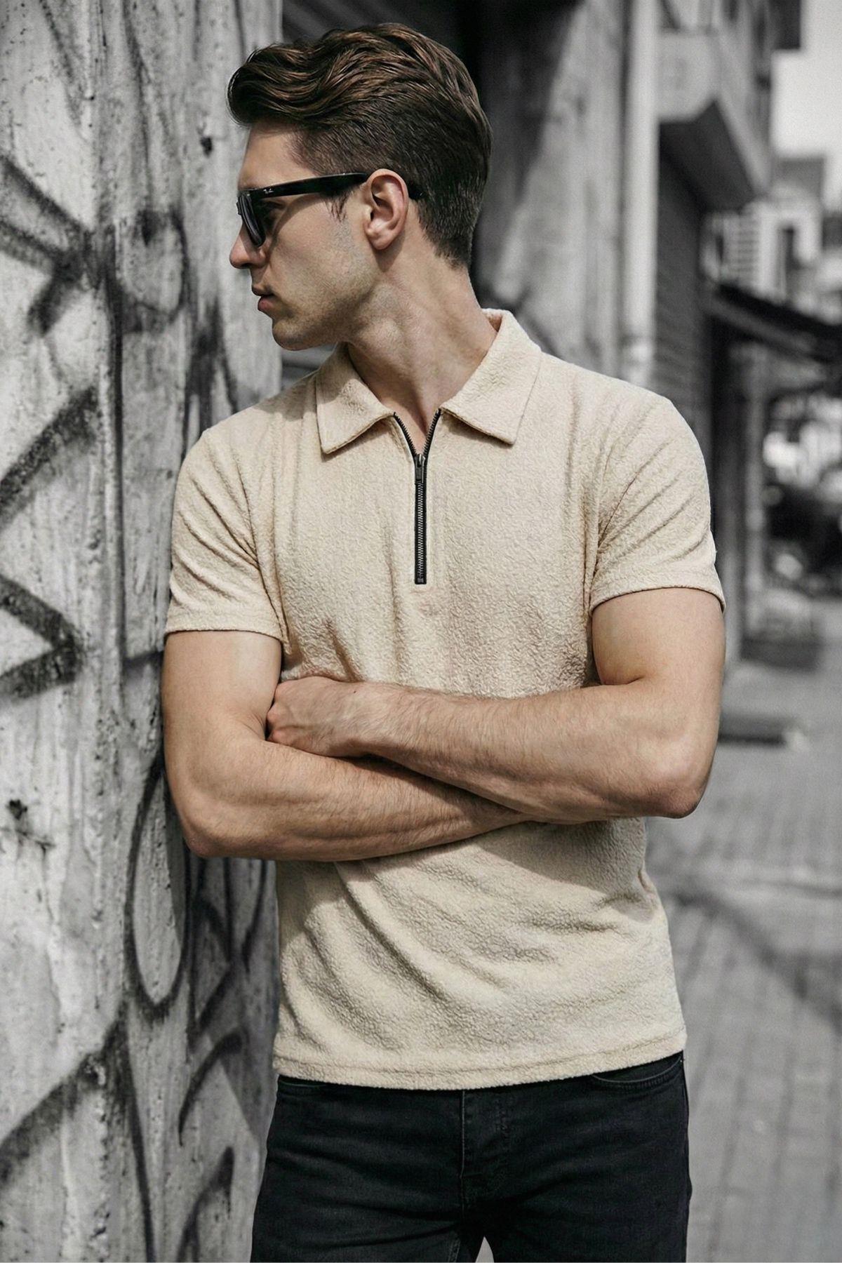 Robb Erkek Yarım Fermuarlı Dokulu Polo Yaka Kısa Kollu Slim Fit Tişört