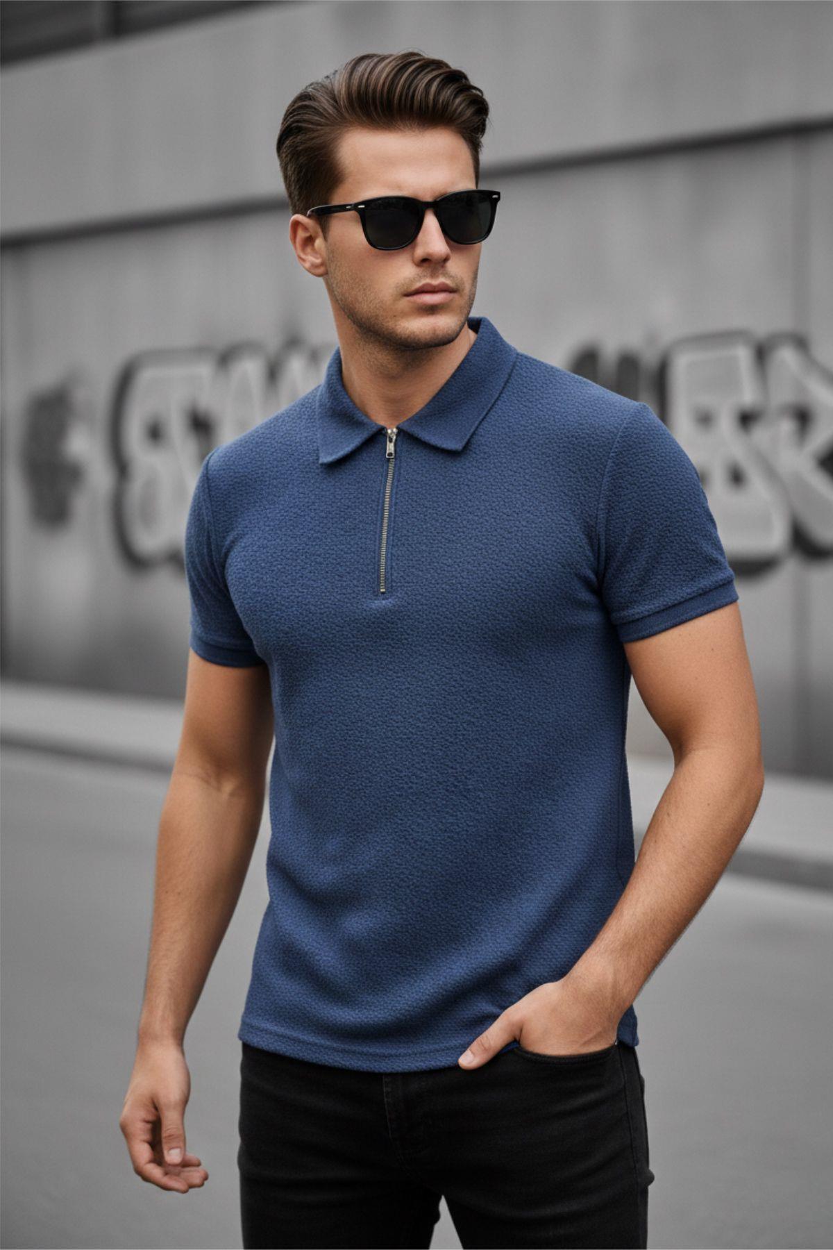 Robb Erkek Yarım Fermuarlı Dokulu Polo Yaka Kısa Kollu Slim Fit Tişört