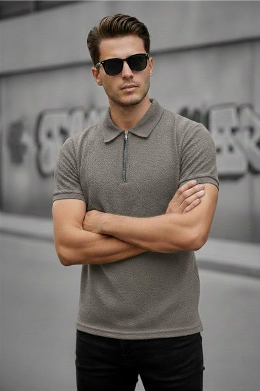 Robb Erkek Yarım Fermuarlı Dokulu Polo Yaka Kısa Kollu Slim Fit Tişört